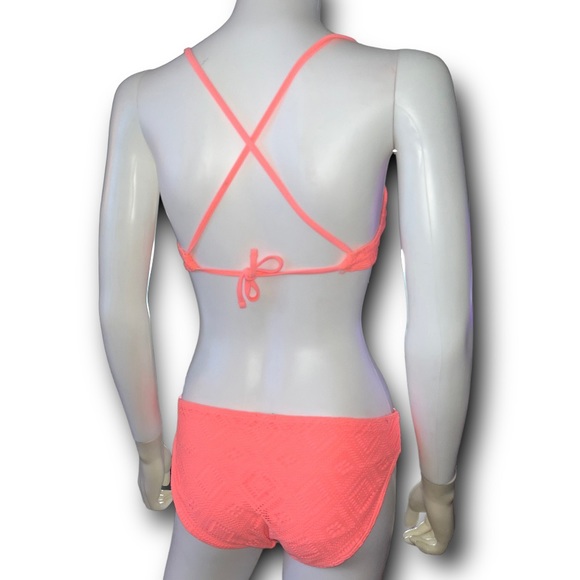 AERIE Coral Peach Pink Eyelet Scoop 2 Piece Bikini Swimsuit Set Top & Bottom M L - Picture 2 of 8